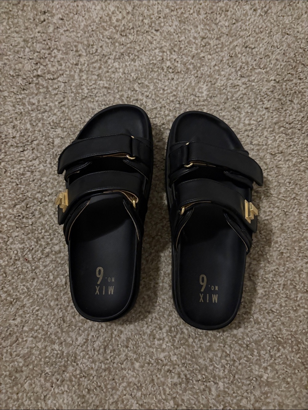 Mix No. 6 Black Slide Sandals with Gold Buckle Detail